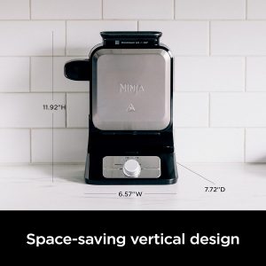 Ninja Belgian Waffle Maker Pro | Vertical Design | 5 Shade Settings with Precision-Pour Cup & Chef-curated Recipe Guide | Black & Silver | BW1001