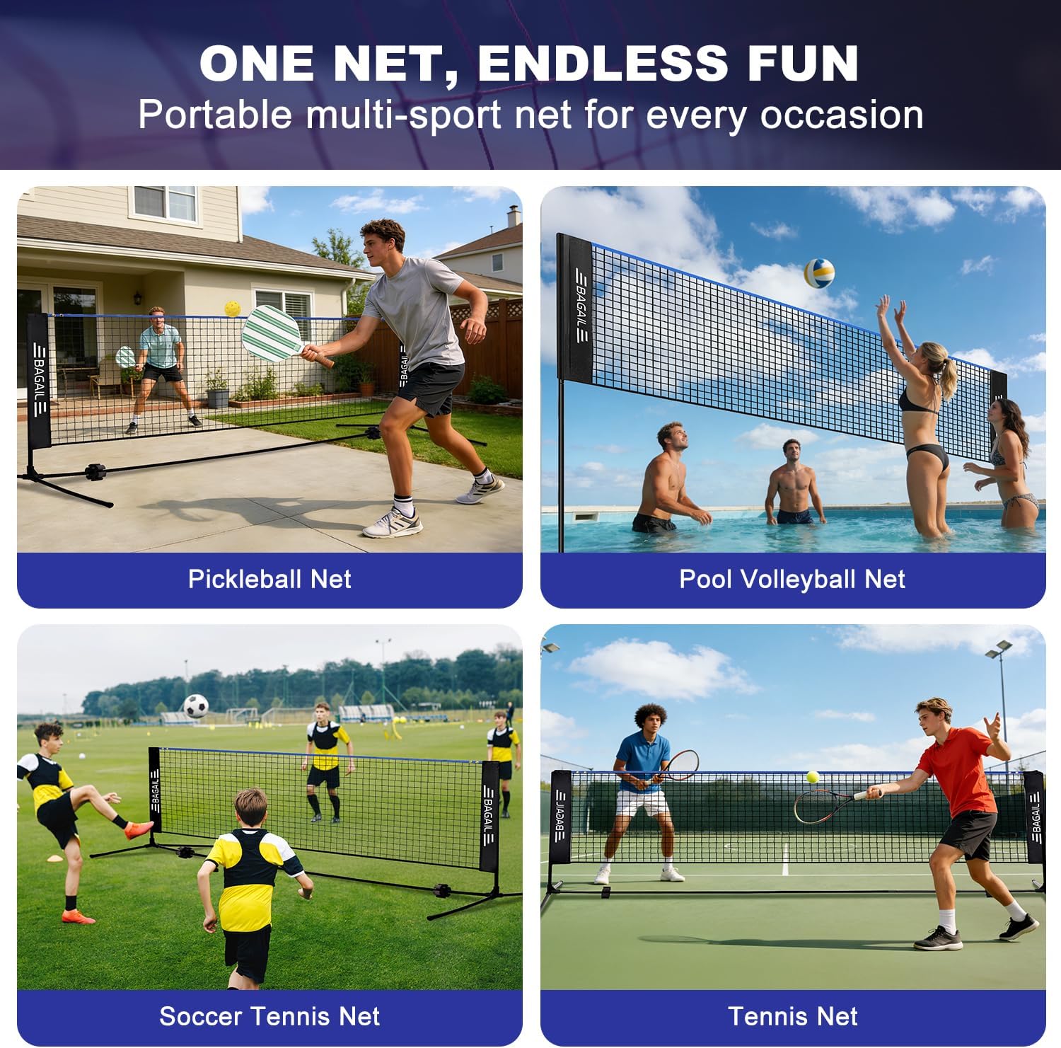 BAGAIL Badminton Net, Height Adjustable Kids Volleyball Net, Foldable Nylon Net 10 ft/14ft/17ft Wide, Tennis Net, Small Pickleball Net for Backyard Game and Indoor Outdoor Use, Easy Setup