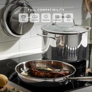 T-fal Pro Tri-Ply Stainless Steel Cookware Set, 10 Piece-Induction Compatible, Oven Safe 500F, Lids-350F, Even Heat, Professional Quality, Durable, Induction Pots and Pans Set, Silver