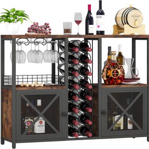 Homeiju Mini Bares para el Hogar, Gabinete de Bar de Café de Madera, Gabinete Moderno de Licores para Licores y Copas, Gabinete de Vino Buffet Estilo Granja con Aparador de Almacenamiento para Hogar