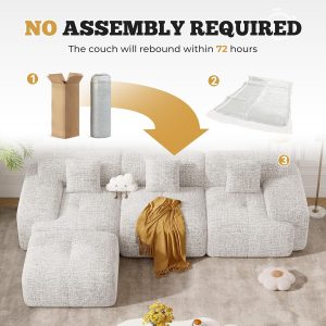 Sofá seccional modular moderno en forma de L de 122", sofás sin armazón para sala de estar con otomana, juego de sofá nube de chenilla convertible de 4 plazas, no requiere montaje, beige, 1 pieza
