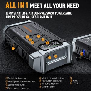 [Modelo 2026] Arrancador de 5000 A con compresor de aire, arrancador de coche portátil con inflador de neumáticos de 150 PSI, caja de salto de 12 V con pantalla LCD, linterna, estuche de almacenamiento (hasta 9 L de gasolina/motor diésel de 8L