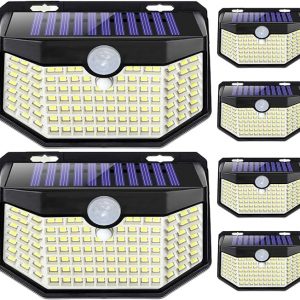 HMCITY 120 LED Outdoor Solar Lights with Motion Sensor and 3 Lighting Modes, IP65 Waterproof Wide Solar Wall Lights Ideal for Garden Patio Yard (Front Button 6Packs, Black Shell-Daylight White)