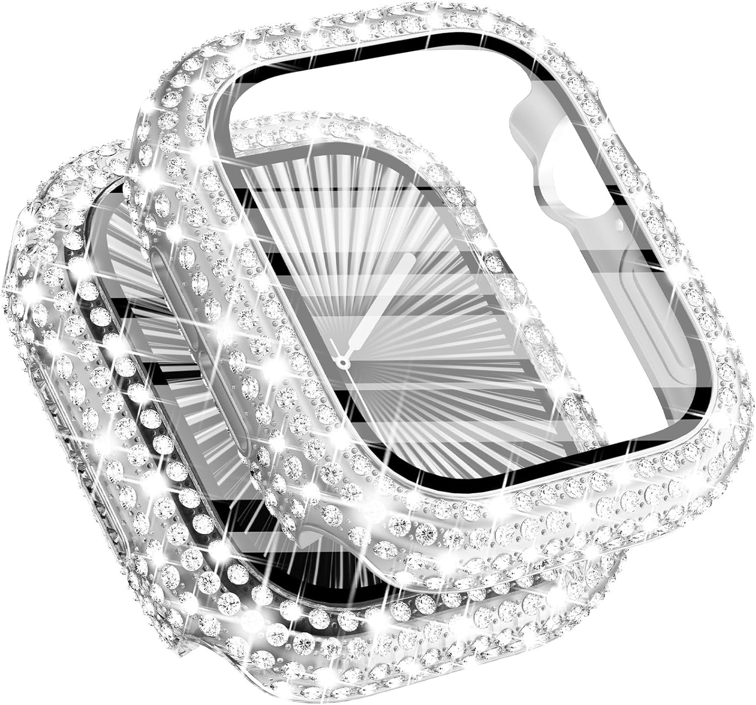 WINGLE Paquete de 2 fundas para Apple Watch Series 11 10 de 1.81 pulgadas, protector de pantalla completo con 300 diamantes de cristal para iWatch 11, 10, 1.811 in, con protector de vidrio templado, color plateado y transparente