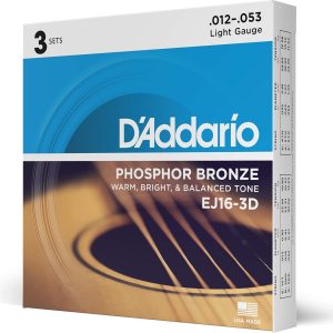 D'Addario Guitar Strings - Phosphor Bronze Acoustic Guitar Strings - EJ16-3D - Rich, Full Tonal Spectrum - For 6 String Guitars - 12-53 Light, 3-Pack