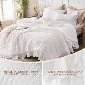 JOLLYVOGUE White Comforter Full Size, 3 Pieces Seersucker Lightweight Full Size Bedding, All Season Fluffy Microfiber Bedding Comforter Set with 1 Ruffle Comforter and 2 Ruffle Pillowshams