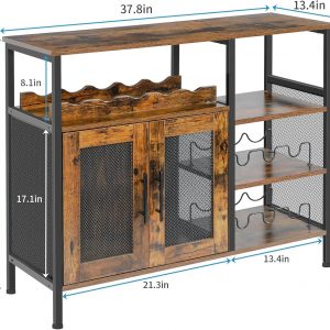 X-cosrack Armario para bar de vinos con estante desmontable para vinos, gabinete de barra de café con soporte para vidrio, aparador pequeño y gabinete de buffet con puerta de malla, marrón rústico