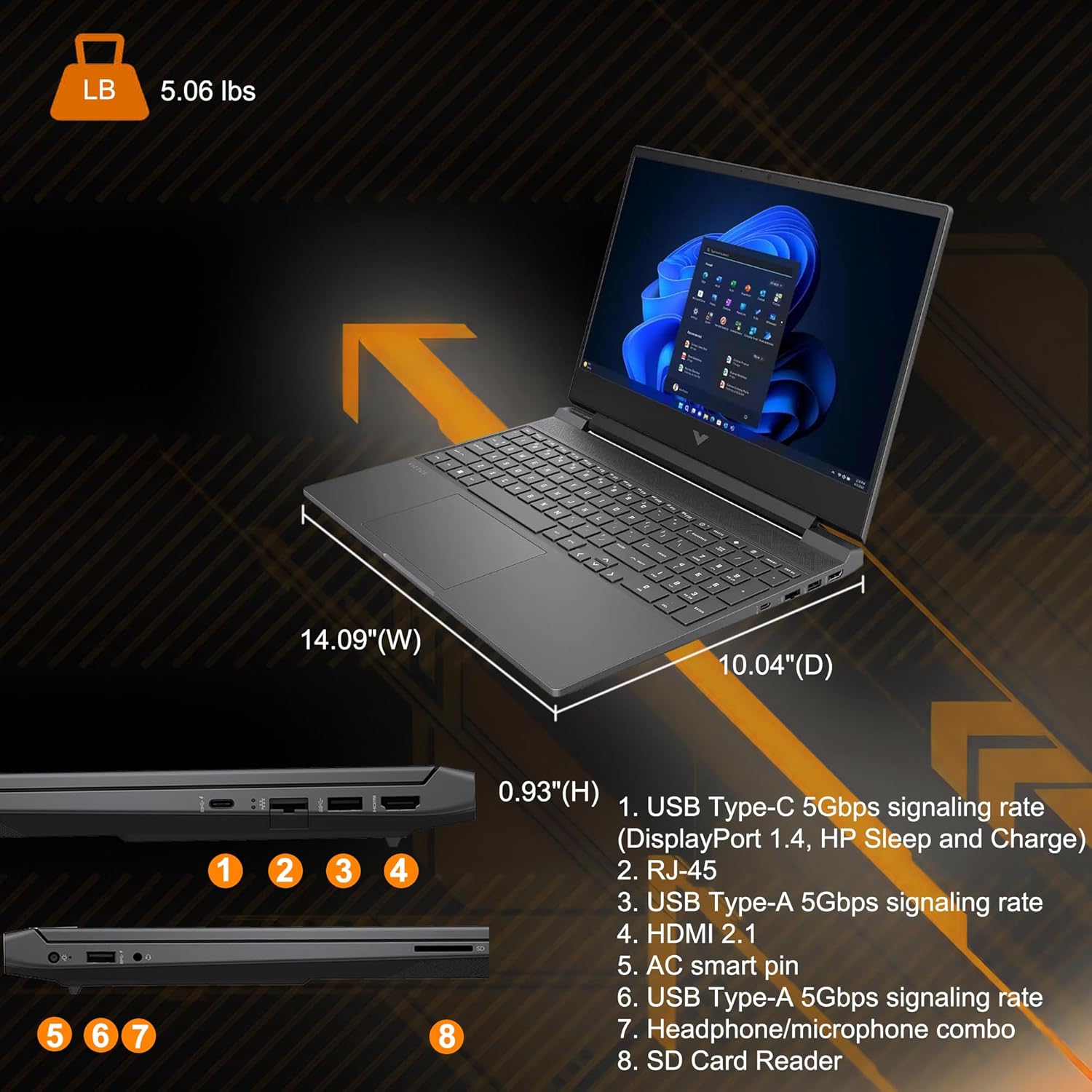 HP Victus 15 - Laptop para juegos de 15.6 pulgadas, FHD IPS 144 Hz (AMD FreeSync Premium) AMD 6 núcleos Ryzen 5 7535HS 8 GB DDR5 512 GB SSD Radeon RX 6550M (>RTX3050) Cable de impresora USB-C
