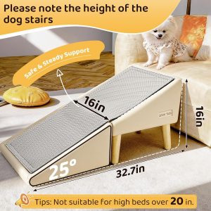 Dog Stairs for Small Dogs and Cats 16" H - with Encrypted Dot-Grip Non-Slip Surface, 2-in-1 Pet Ramp & Steps for Bed/Couch, Foldable Split Ottoman with Solid Wood Frame, Sturdy & Portable for Puppies