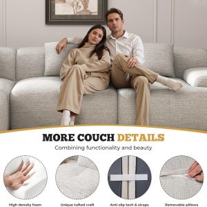 Sofá seccional modular moderno en forma de L de 122", sofás sin armazón para sala de estar con otomana, juego de sofá nube de chenilla convertible de 4 plazas, no requiere montaje, beige, 1 pieza