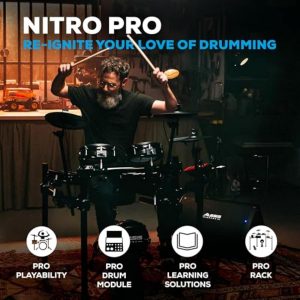 Alesis Nitro Pro Electric Drum Set with Dual-Zone Quiet Mesh Pads, 500+ Authentic BFD Sounds, Bluetooth, Drumeo, USB MIDI, Double Kick Compatible