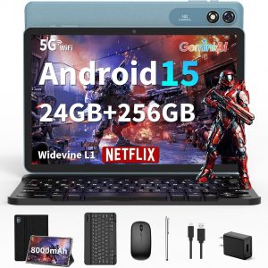 2026 Android tablet 10 inch, Android 15 Tablet with Keyboard, 24GB+256GB+2TB Expand, 2 in 1 Tablets with Gemini AI, 8-Core, 8000mAh, Widevine L1, GMS, Tablets PC with Case, Mouse, Stylus (Black Case)