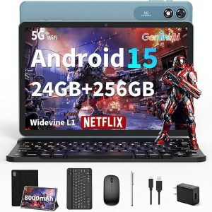 2026 Android tablet 10 inch, Android 15 Tablet with Keyboard, 24GB+256GB+2TB Expand, 2 in 1 Tablets with Gemini AI, 8-Core, 8000mAh, Widevine L1, GMS, Tablets PC with Case, Mouse, Stylus (Black Case)