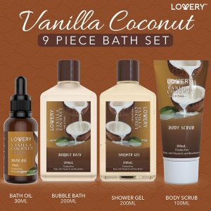 Canasta de regalo de baño y cuerpo para mujeres y hombres, juego de 9 piezas de vainilla y coco, para spa en casa, incluye lociones fragantes, bombas de baño extragrandes, aceite de coco, toalla de