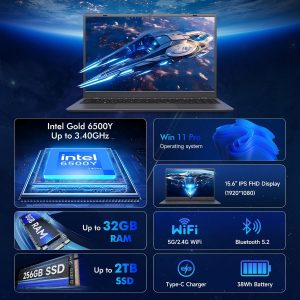 15.6 Inch Laptop Computer, Pentium Gold Processor (Up to 3.4GHz), 8GB RAM, 256GB SSD, 1080P IPS FHD Display, WIFI5, BT5, Type-C, USB 3.2, HDMI, Office Suite, Win11 Laptop for Business & Students