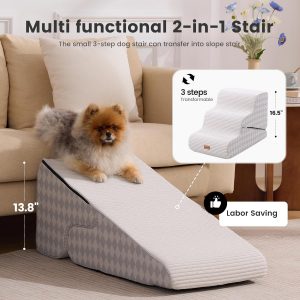 Gardner Pet Dog Stairs for Small Dogs 16.5" H, 2 in 1 Transformable 3-Step Pet Stairs and Ramp, Dog Steps for Couch Bed (13-20 in) Non-Slip Waterproof Cover and CertiPUR-US Certified Foam, Checked