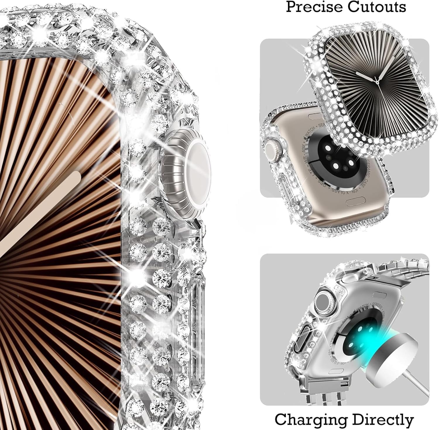 WINGLE Paquete de 2 fundas para Apple Watch Series 11 10 de 1.81 pulgadas, protector de pantalla completo con 300 diamantes de cristal para iWatch 11, 10, 1.811 in, con protector de vidrio templado, color plateado y transparente