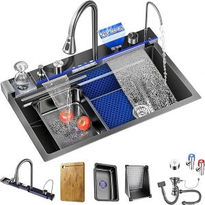 Fregadero de cocina inteligente en cascada, fregadero de acero inoxidable de 31.5 x 17.7 pulgadas con pantalla digital, estación de trabajo grande de un solo tazón con grifo extraíble y rociador