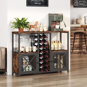 Homeiju Mini Bares para el Hogar, Gabinete de Bar de Café de Madera, Gabinete Moderno de Licores para Licores y Copas, Gabinete de Vino Buffet Estilo Granja con Aparador de Almacenamiento para Hogar