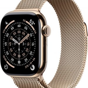 Apple Watch Series 11 [GPS + Cellular 42mm] Gold Titanium Case with Gold Milanese Loop, S/M (Renewed)