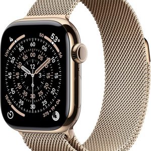 Apple Watch Series 11 [GPS + Cellular 42mm] Gold Titanium Case with Gold Milanese Loop, S/M (Renewed)