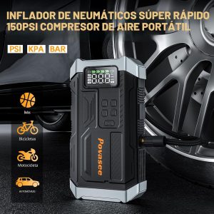 [Modelo 2026] Arrancador de 5000 A con compresor de aire, arrancador de coche portátil con inflador de neumáticos de 150 PSI, caja de salto de 12 V con pantalla LCD, linterna, estuche de almacenamiento (hasta 9 L de gasolina/motor diésel de 8L