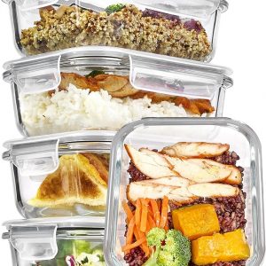 Vtopmart 5Pack 22oz Glass Storage Containers with Lids, Glass Meal Prep Food Container Sets with Snap Airtight Lids for Microwave, Oven, Freezer and Dishwasher, Grey
