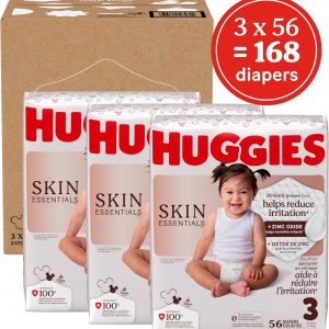 Huggies Size 3 Diapers, Skin Essentials Baby Diapers, Size 3 (16-28 lbs), 168 Count (3 Packs of 56), Packaging May Vary