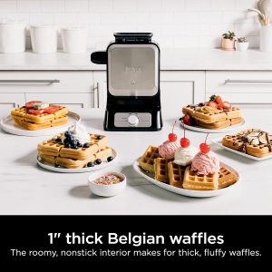 Ninja Belgian Waffle Maker Pro | Vertical Design | 5 Shade Settings with Precision-Pour Cup & Chef-curated Recipe Guide | Black & Silver | BW1001