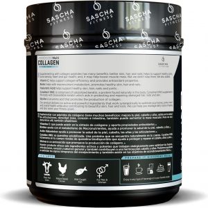 SASCHA FITNESS Péptidos de multicolágeno hidrolizado Tipos 1, 2 y 3 | Ácido hialurónico | Biotina | Cynatine HSN | Vitamina C y E | para el soporte del cabello, la piel y los huesos | Sin sabor