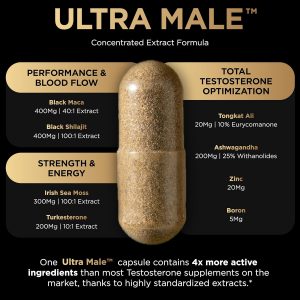 ULTRA MALE® Premium Testosterone Booster for Men w. 100:1 Shilajit, 40:1 Black Maca, Ashwagandha 25%, Tongkat Ali 10% - Clinical Strength Male Enhancing Testosterone Supplement for Men Health Libido+