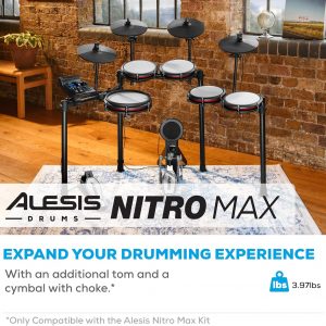 Alesis Nitro Max Kit - Juego de batería eléctrica de 10 piezas con almohadillas de malla silenciosas, caja de doble zona de 10 pulgadas, Bluetooth, más de 440 sonidos, Drumeo, USB MIDI, pedal de bombo