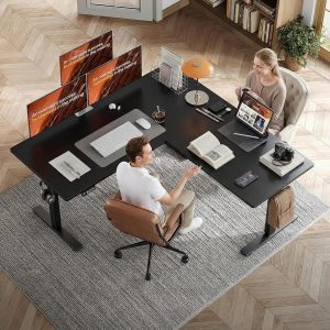 Grandder 63 x 55 Inch L Shaped Standing Desk, Electric Height Adjustable Corner Stand Up Desk, Sit Stand Corner Table Home Office Table, Black Top Black Frame