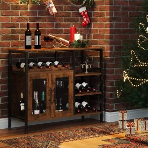 X-cosrack Armario para bar de vinos con estante desmontable para vinos, gabinete de barra de café con soporte para vidrio, aparador pequeño y gabinete de buffet con puerta de malla, marrón rústico