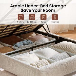 ModernMate Marco de cama de almacenamiento elevable, tamaño Queen, marco de cama tapizado con cabecera ajustable, tela de felpilla Oeko-TEX, cama de almacenamiento hidráulica, no necesita somier