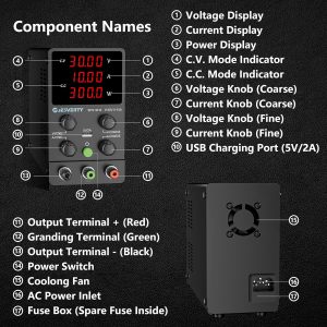 Fuente de alimentación de CC variable, 0-30V 0-10A Fuente de alimentación de banco regulada de CC con pantalla LED de 4 dígitos de alta precisión, puerto USB de 5 V/2 A, ajuste grueso y fino SPS-3010