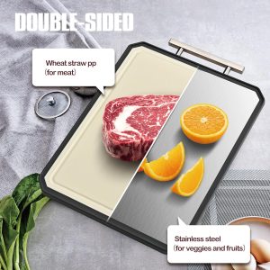 SNOWCLAD Tabla de cortar de acero inoxidable, juego de tablas de cortar de acero de doble cara para cocina, acero inoxidable/paja de trigo, PP grande para carne, apta para lavavajillas [16 x 11 + 12 x