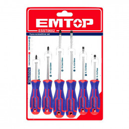 JUEGO DE 6 DESTORNILLADORES, MANGO DE NUEVO DISEÑO, HOJA REDONDA, 3 PHILLIPS, 3 PLANOS. MARCA EMTOP