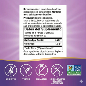 🌿 Hoja de Olivo – 100 cápsulas ✨ Fuente rica de oleuropeína para apoyar la salud del corazón y bienestar general.