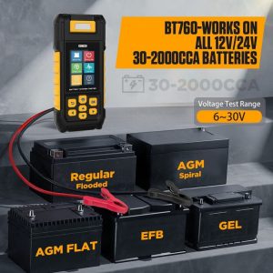 BT760 - Probador de batería de automóvil de 12 V, 24 V, 30 a 2000, CCA para automóvil, con impresora y pantalla a color, manivela/carga/prueba de carga máxima para motocicleta, automóvil
