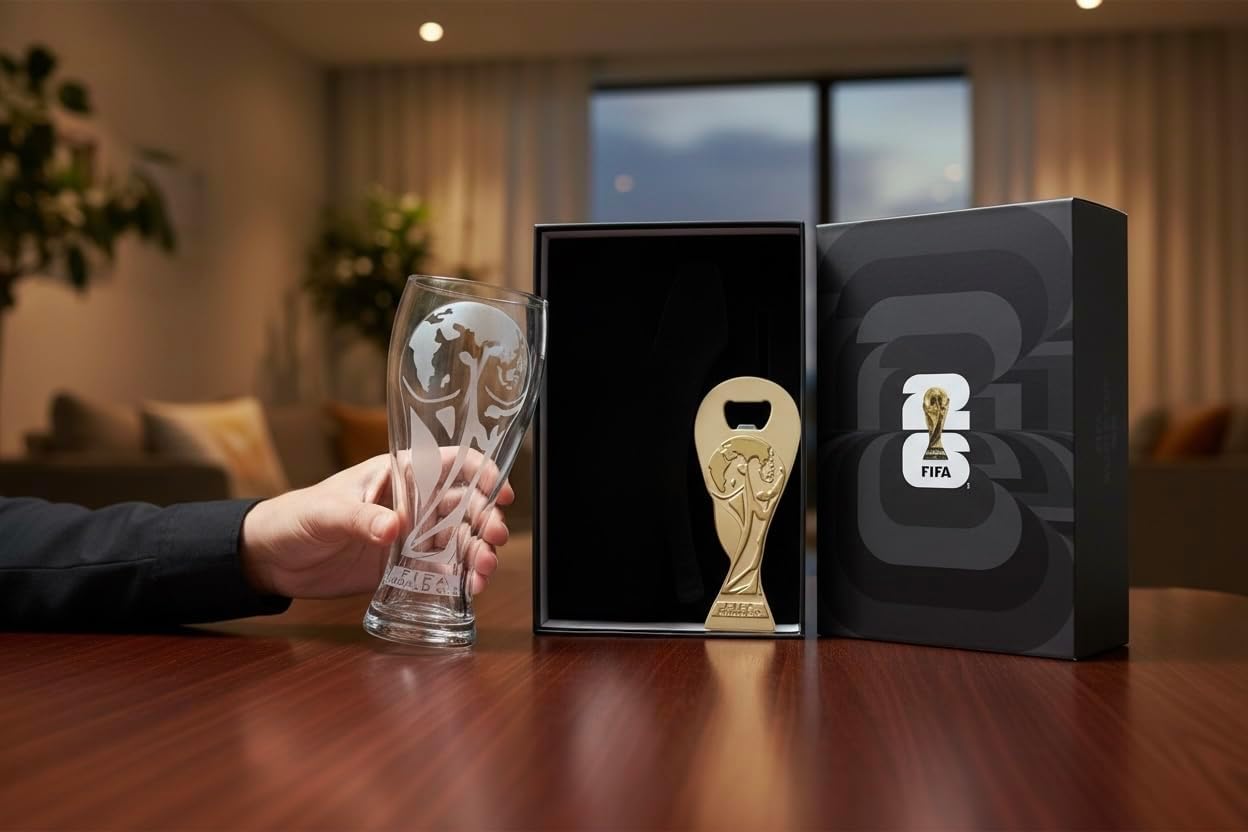 Edición oficial de la Copa Mundial de la FIFA 2026 – Vaso de cerveza Pilsner de 17 onzas y juego de regalo de abrebotellas de trofeo de 6 pulgadas – 1 de cada uno – Perfecto para fiestas, Mancaves