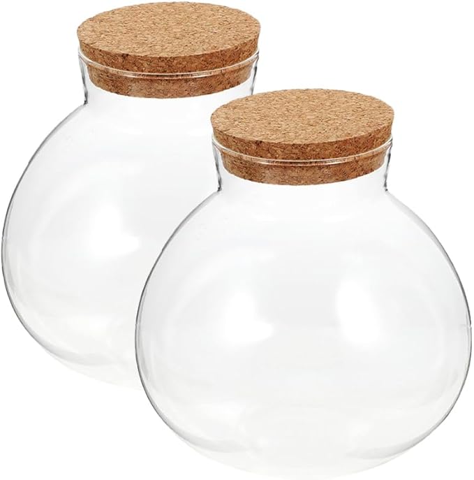 Healeved 2 tarros redondos de vidrio para terrario, bola para suculentas, brotes de terrario, floreros, tarro de dulces de Pascua, botella de deseos con tapa de corcho para plantas, 5.9 in x 16