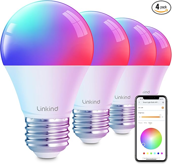Linkind Smart Light Bulbs, Smart Bulb that Work with Alexa, Google Home, AiDot, LED Light Bulbs Color Changing RGBTW, 104 Preset Scene, Music Sync, Dotis, A19 E26 2.4G WiFi Bluetooth 60W 800LM, 4Pack