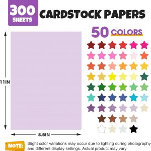 300 Sheets 8.5" X 11" Colored Cardstock, 50 Assorted Colors Construction Paper Card Stock Printer Paper for Printing, Card Making, DIY Crafts, School Supplies,Party Decorations (180GSM/65LB)
