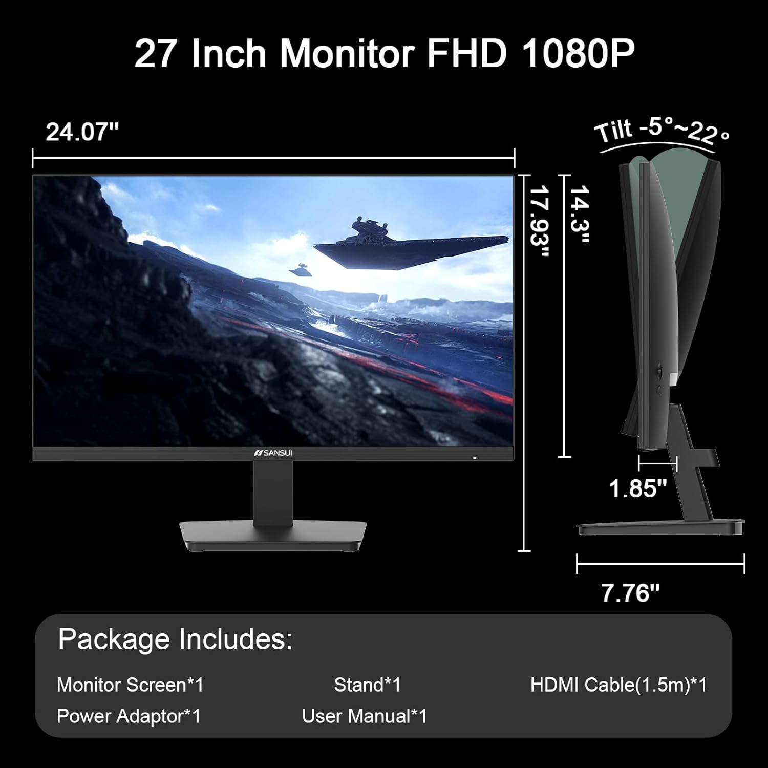 SANSUI 27-Inch IPS Monitor, 120Hz, Full HD 1920x1080, HDMI and DisplayPort, VESA Mountable