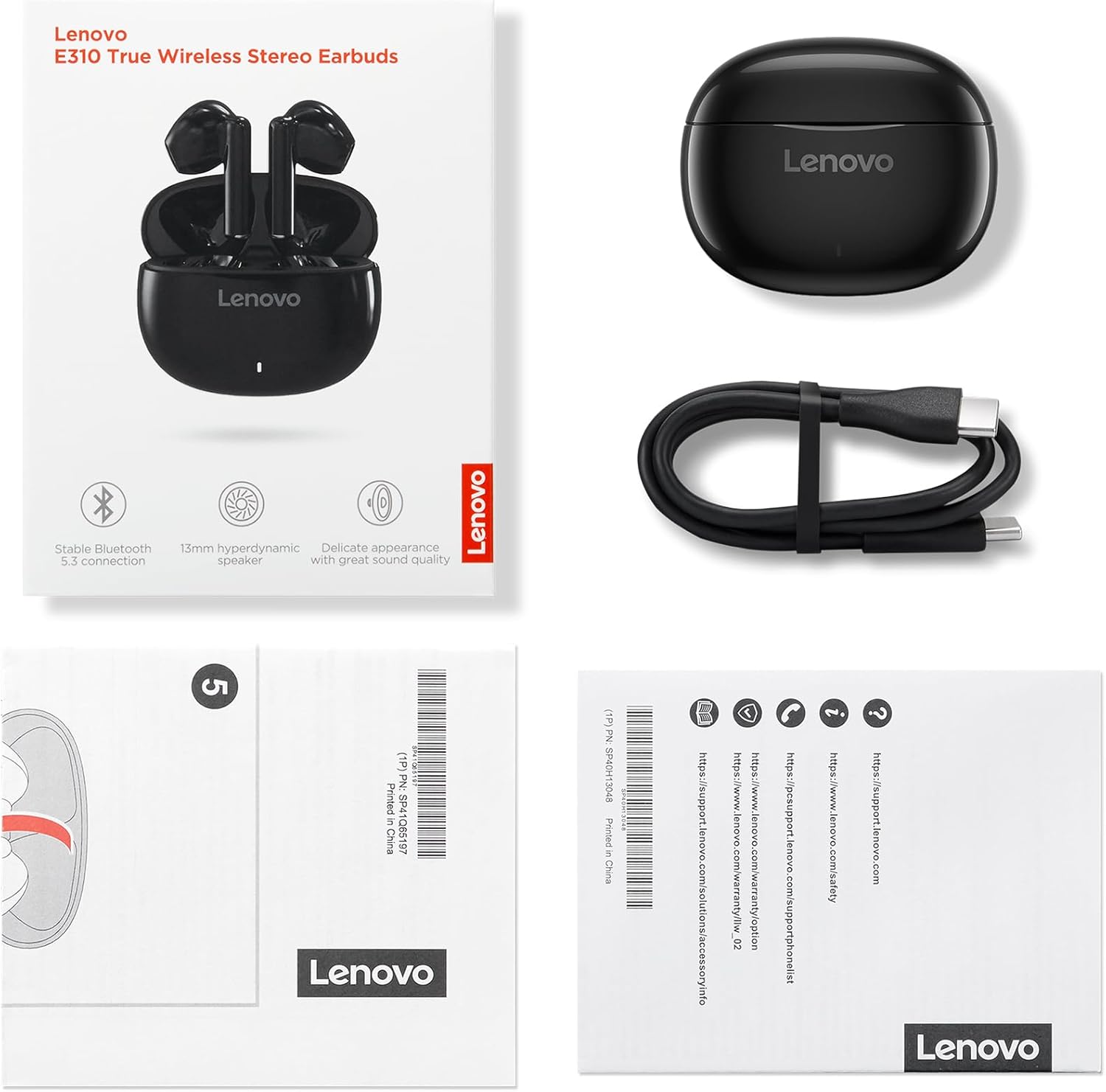 Lenovo E310 True Wireless Stereo Earbuds Bluetooth 5.3 ENC Noise-Cancelling Ear Buds with 13mm Speaker Type-C Charging 20h Battery Life for Music Calls Comfortable Fit Wireless Earbuds - Black