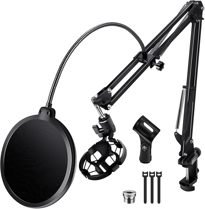 BILIONE Soporte de micrófono, soporte de brazo de micrófono para Blue Yeti QuadCast S SoloCast Snowball AM8 y otros micrófonos, con filtro pop montaje de choque clip para micrófono, bridas para cables