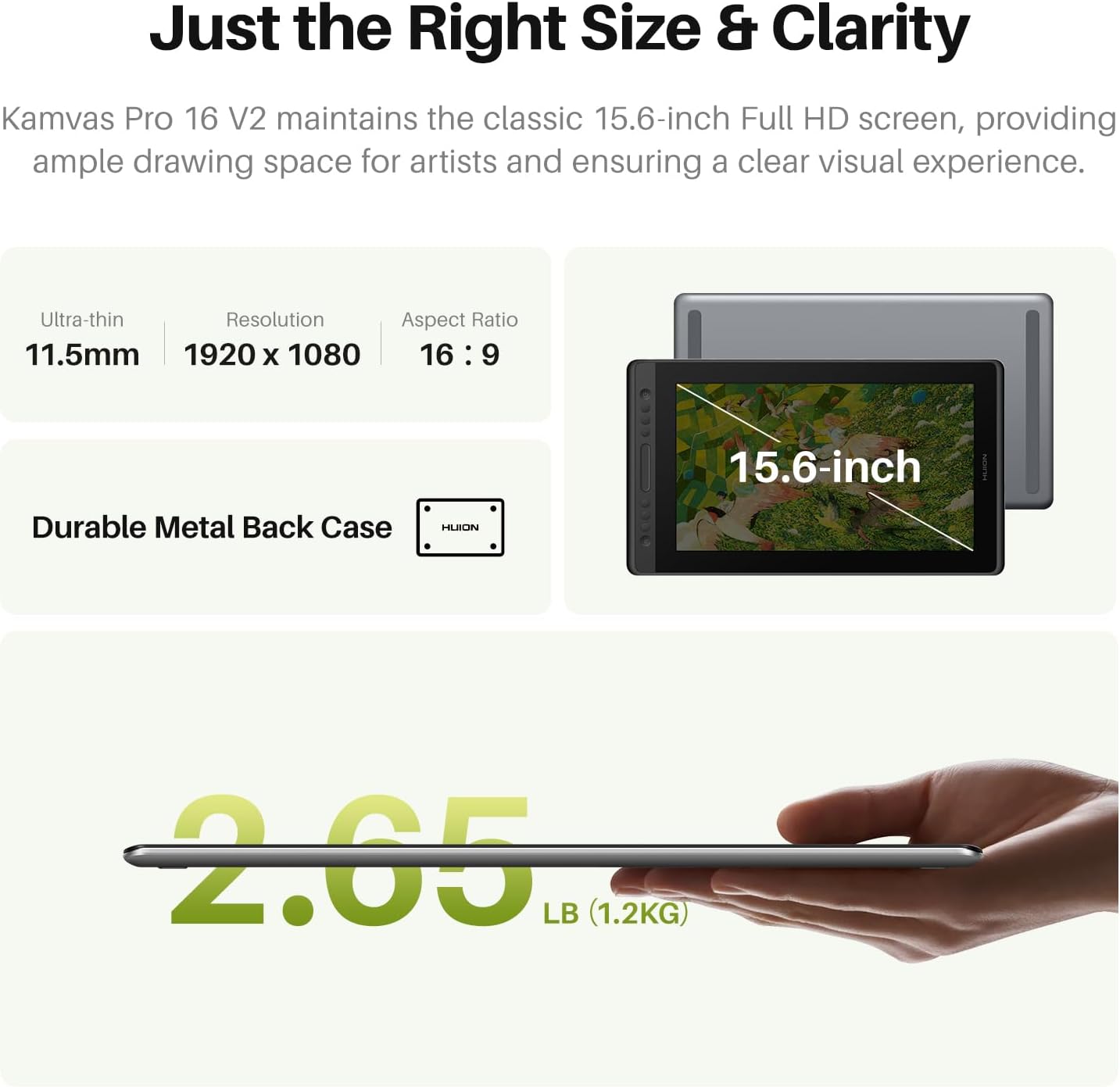 HUION Kamvas Pro 16 V2 Drawing Tablet with Screen 16K Levels PenTech 4.0 Battery-Free Pen, 15.6" Full-Laminated, Smart Touch Bar & 6 Keys Art Tablet Work with Windows, Mac and Linux