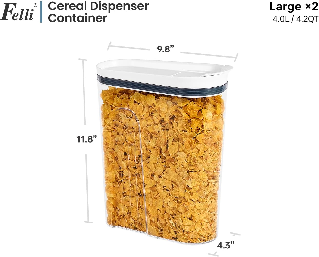 Felli Contenedor de cereales hermético para almacenamiento hermético de 32 onzas, caja de desayuno de tamaño familiar con tapa abatible, dispensador de alimentos secos acrílicos apilables, granos de