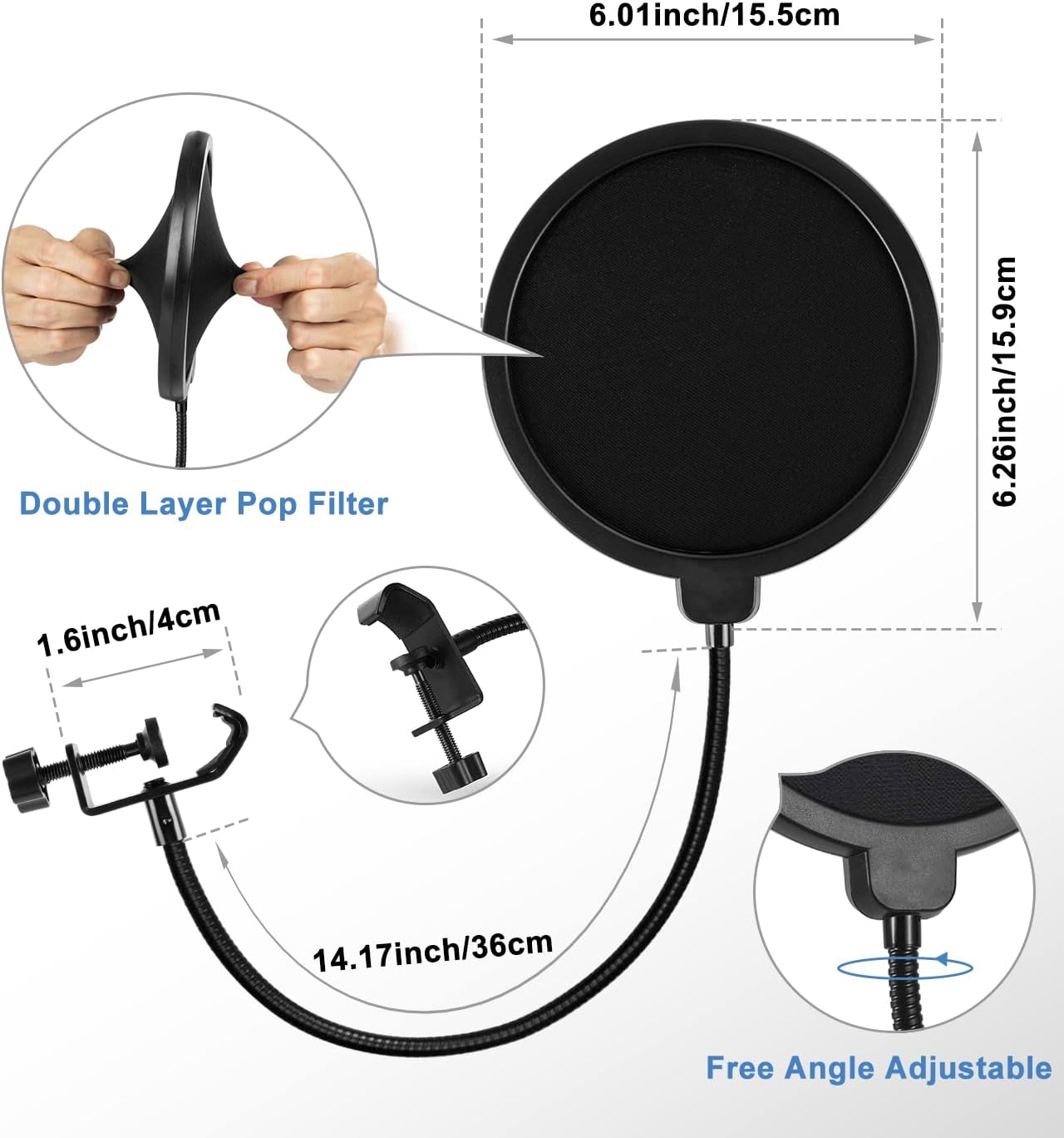 BILIONE Soporte de micrófono, soporte de brazo de micrófono para Blue Yeti QuadCast S SoloCast Snowball AM8 y otros micrófonos, con filtro pop montaje de choque clip para micrófono, bridas para cables